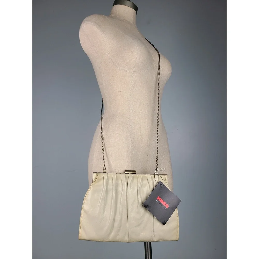 VTG Y2K Hobo International Silvia Leather Crossbody Linen Beige Silver Chain NEW